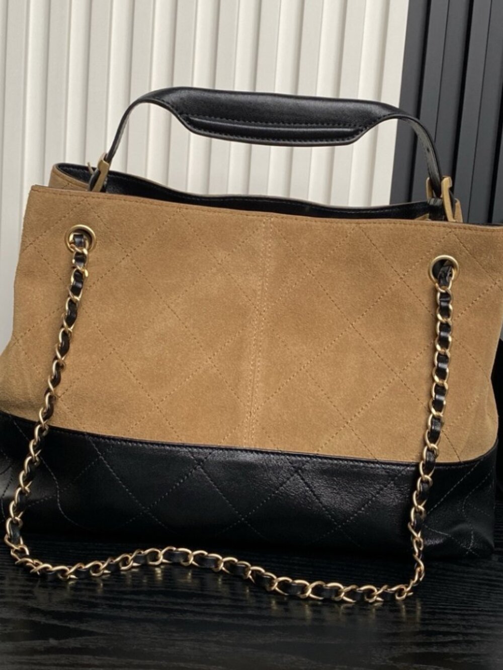 Two-Tone Quilted Suede & Leather Tote in Beige and Black